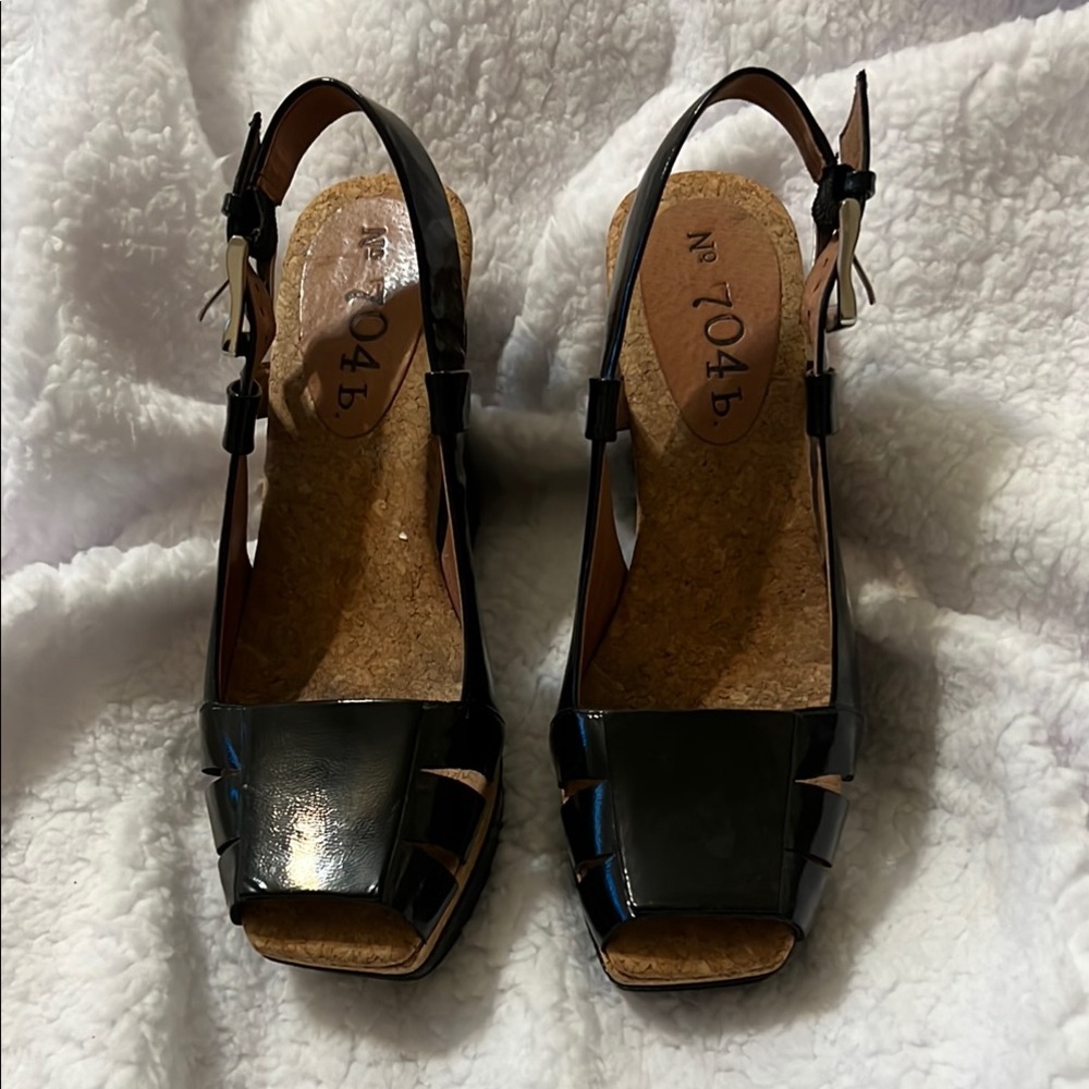 No. 704b Black & Tan cork patent leather wedge heels.